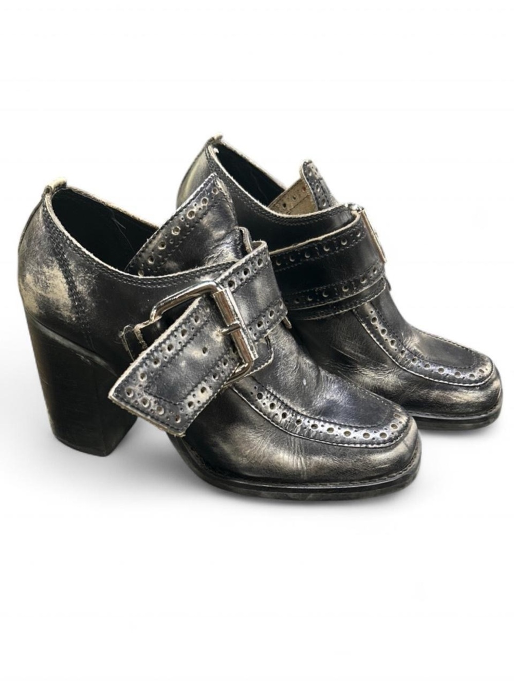Vintage Genuine Leather Brogue Buckle Ankle Boots Chunky Heel Black Women’s 8B